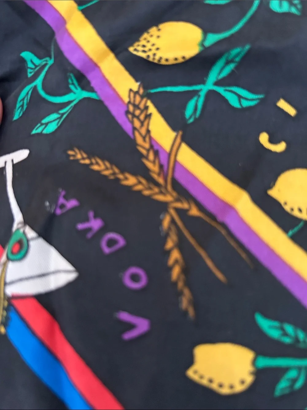 Nicole Miller vintage 1991 Black Silk Scarf with Multicolor Absolut Vodka design